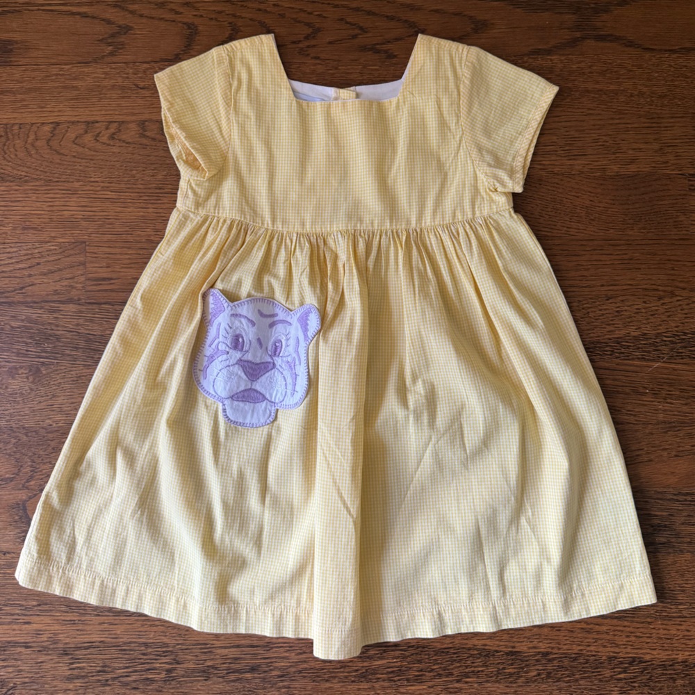Yellow Gingham Dress with Purple LSU Tiger Pocket size 5